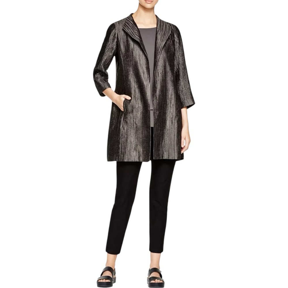 Eileen Fisher Metallic Grey Textured Silk Open Front 3/4 Jacket Size MEDIUM - Picture 2 of 16